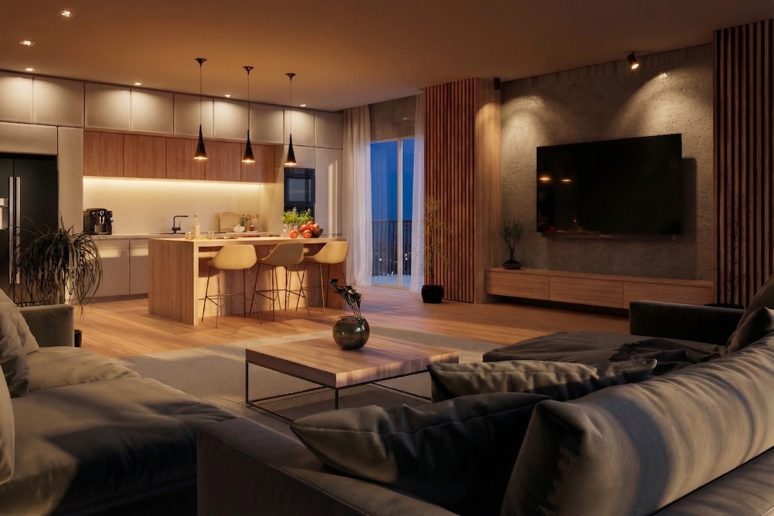 Modern living area with an open kitchen